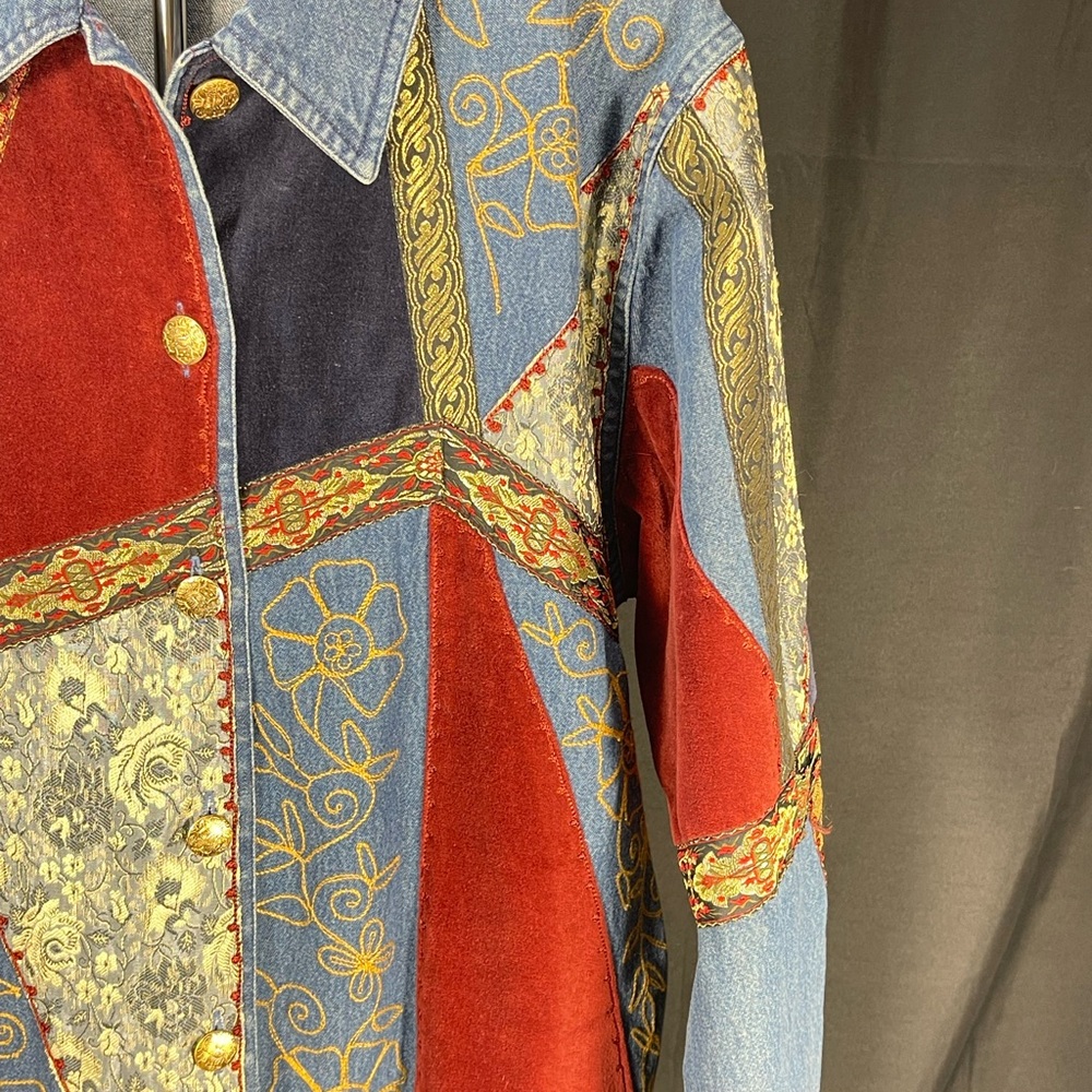 Vintage KEREN hart Patchwork Denim, embroidery & Velvet Jacket. Wine, Navy, Gold - Picture 3 of 7